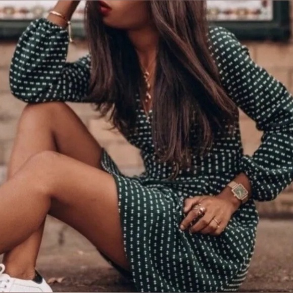 NEW Maeve from Anthropologie Malta Green and White Faux Wrap Belted Dress Sz XS - Picture 2 of 8